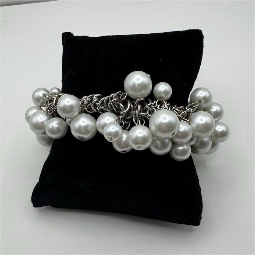 Silver Tone Cable Chain Charm Bracelet White Imitation Pearl Dangle Stackable